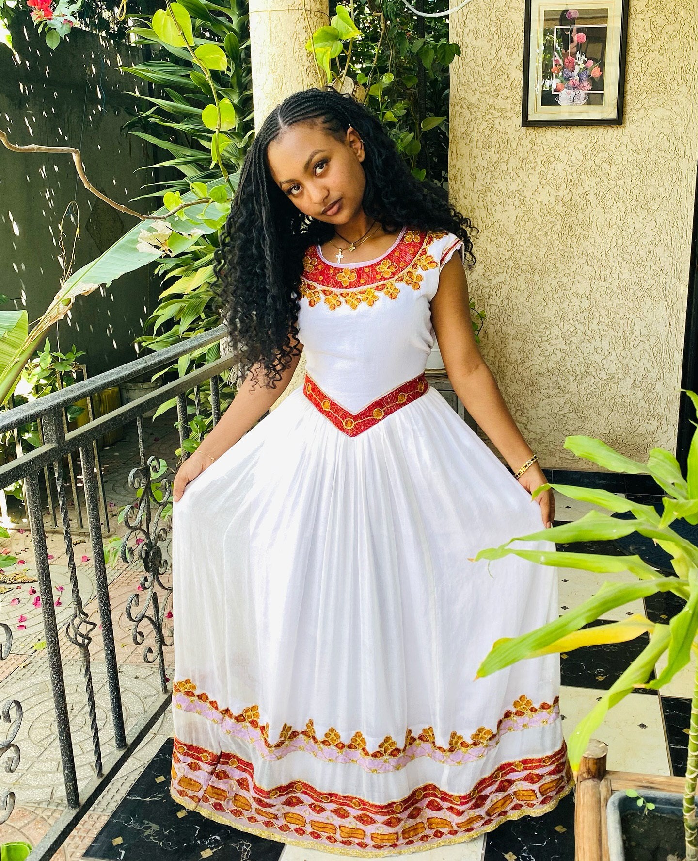 Red And Gold Embroidery Habesha  Classic Habesha Kemis Traditional Ethiopian Dress Style 414