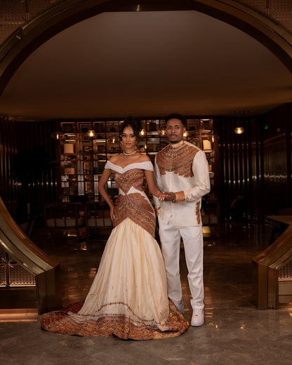 Royal Matching Couple's Set  Off-the-Shoulder Habesha Dress and Coordinating Embroidered Men's Suit 969
