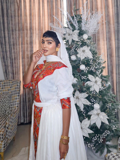 Robe ivoire avec broderie rouge Habesha Kemis Robe traditionnelle éthiopienne Modèle fluide Robe Habesha 430