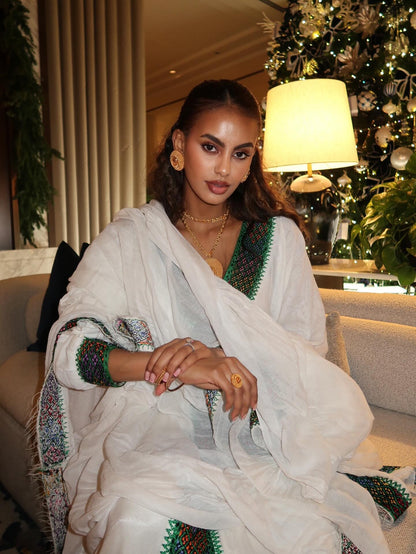 Ethiopian Traditional Dress Long Sleeve Habesha Dress Green Woven Design Habesha Kemis 434