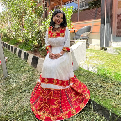 Authentic Ethiopian Clothing Collection Classic Habesha Dress Red Woven Habesha Kemis 444