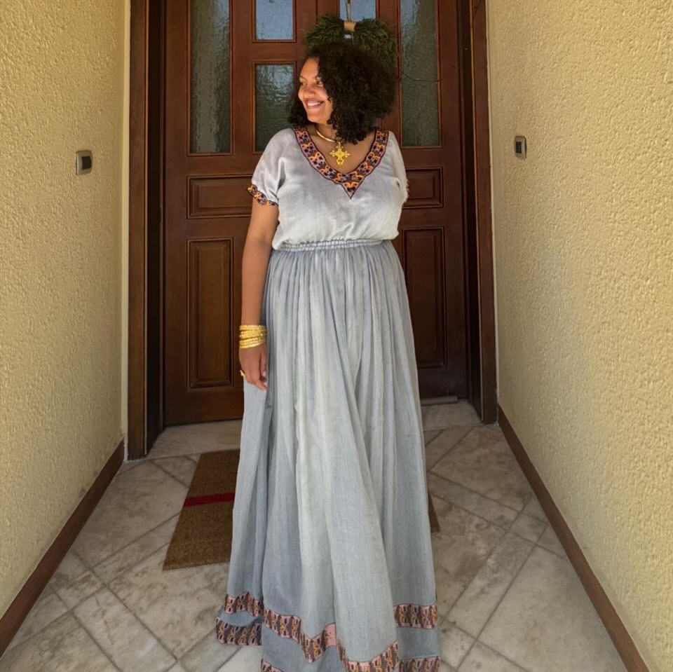 Modern Ethiopian Clothing Elegance |Ash Tone Habesha Kemis & Habesha Dress
