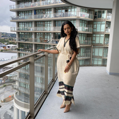 Neutral Tone Habesha Kemis V-Neck Habesha Dress Woven Detail Ethiopian Dress 450