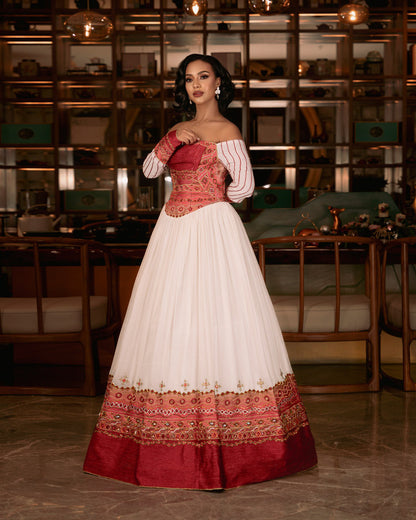 Off-Shoulder Habesha Dress Red Embroidery Ethiopian Wedding Dress Graceful Habesha Kemis 466