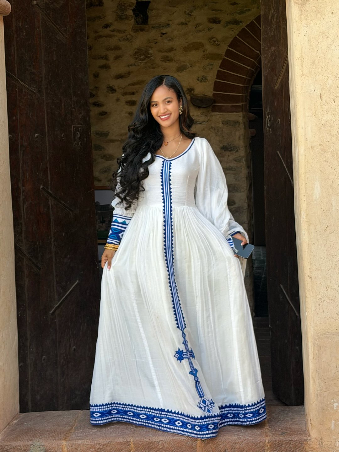 Long Sleeve Habesha Dress Habesha Kemis with Blue Woven Detail Ethiopian Dress Style 470