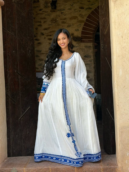 Long Sleeve Habesha Dress Habesha Kemis with Blue Woven Detail Ethiopian Dress Style 470