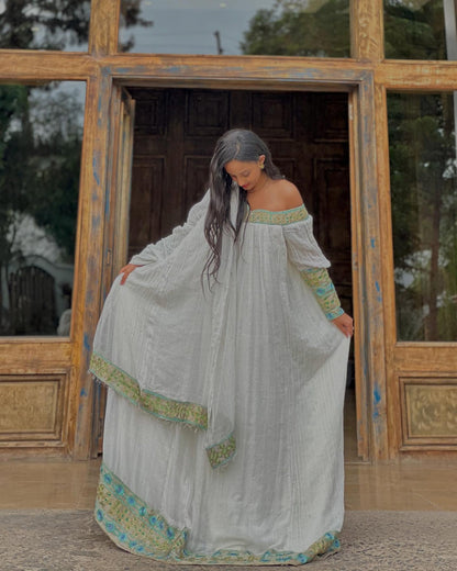 Habesha Kemis With Long Sleeve Green And Blue Border Habesha Dress Stylish Ethiopian Dress 472