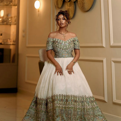 Habesha Kemis With Green Embroidery Traditional Ethiopian Wedding Dress Luxurious Habesha Dress 485