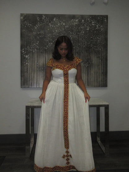Short Sleeve Ethiopian Clothing Habesha Kemis in Gold and Red Charming Habesha Dress 488