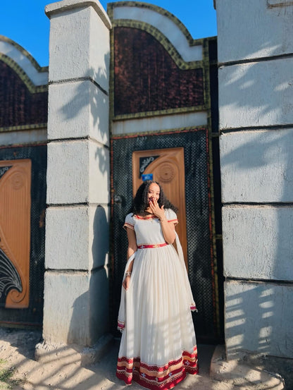 White Habesha Kemis with Red Embroidery Traditional Ethiopian Dress Cultural Habesha Dress 490