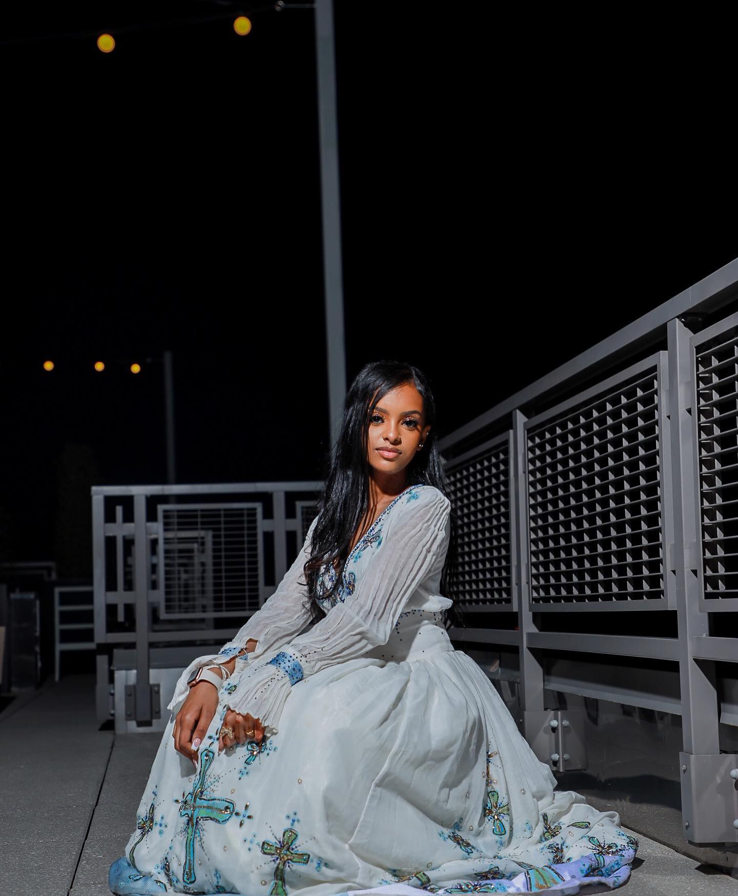 Traditional Ethiopian Dress For Event Habesha Kemis with Blue Embroidery V-neckline Habesha Dress  491