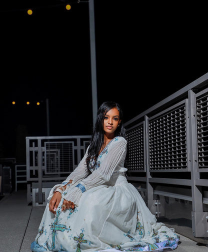 Traditional Ethiopian Dress For Event Habesha Kemis with Blue Embroidery V-neckline Habesha Dress  491