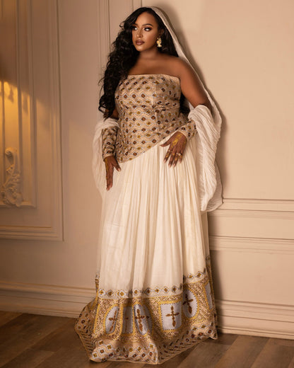 Sleeveless Ethiopian Wedding Dress Golden Embroidery Habesha Kemis Habesha dress For Wedding 495