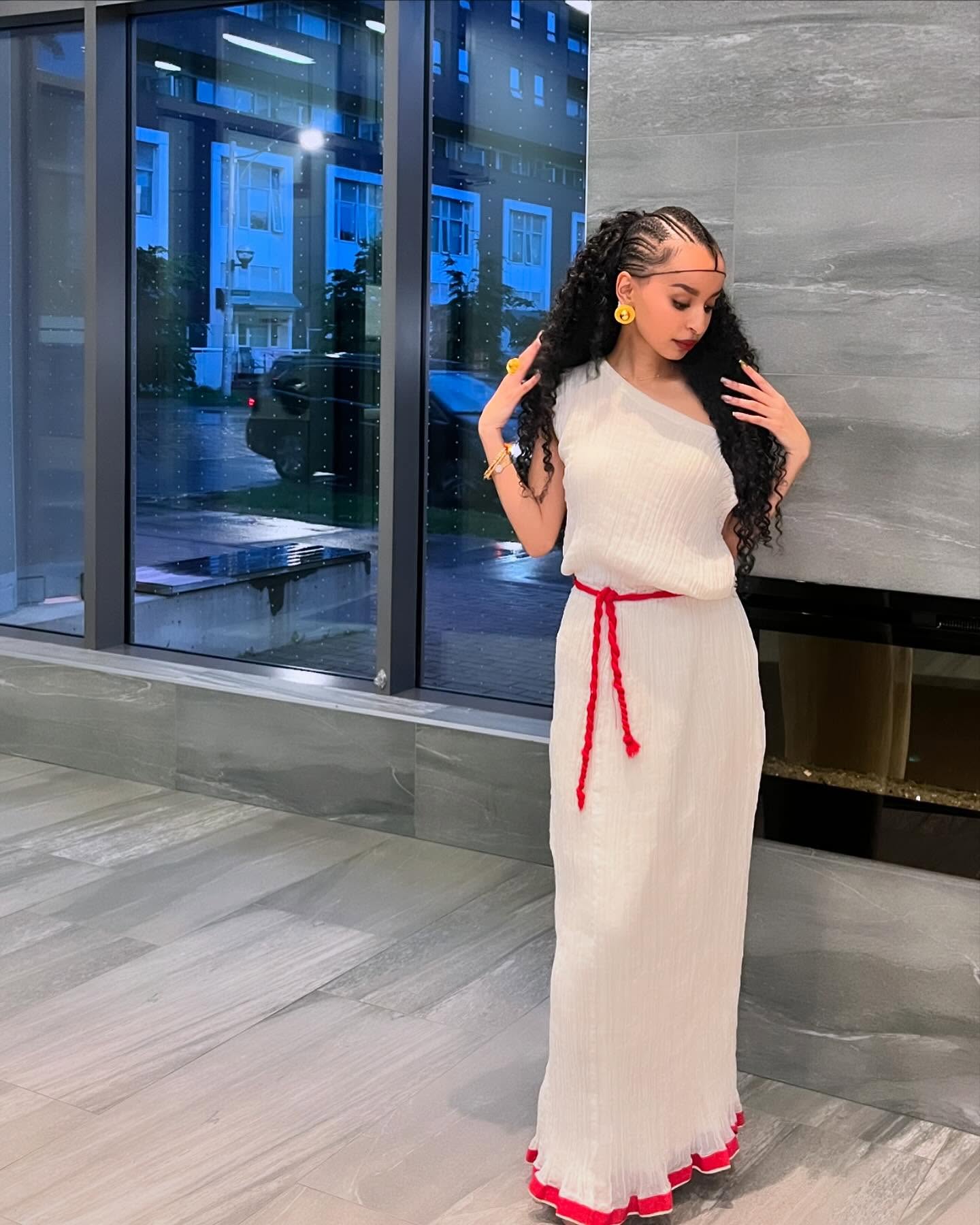 White Habesha Kemis with Red Hem Stylish Habesha Dress Traditional Ethiopian Dress 500