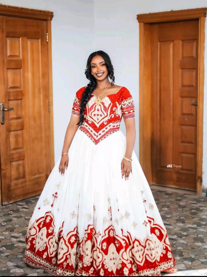 Red Embroidery Habesha Kemis Ethiopian Wedding Dress Graceful Habesha Dress 502
