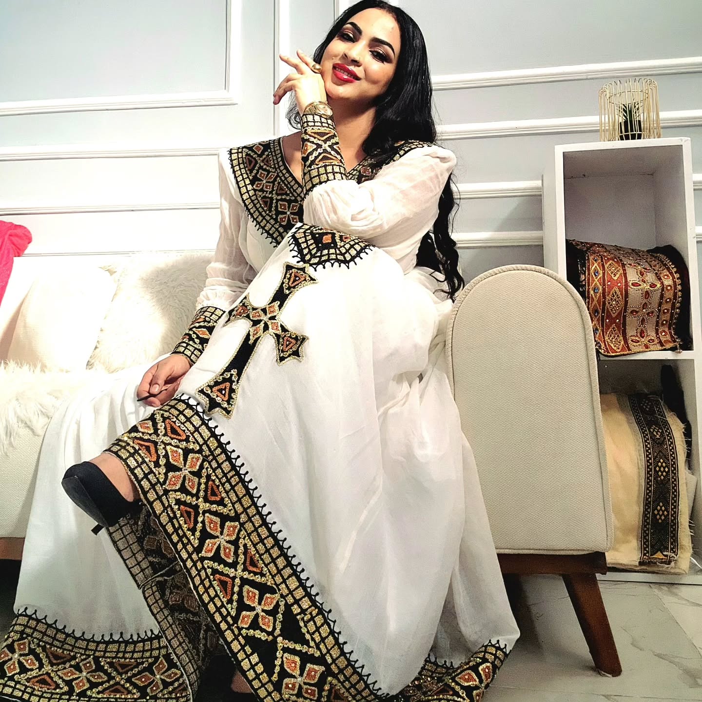 Golden and Black Embroidery Habesha Dress Long Sleeves Habesha Kemis Ethiopian Clothing For Festive 504