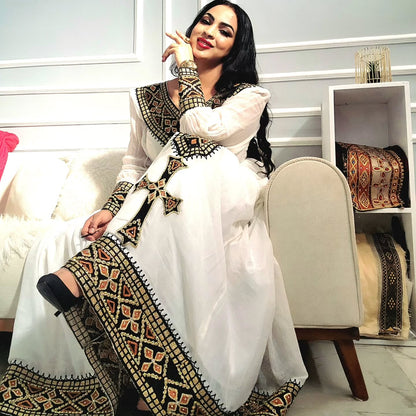 Golden and Black Embroidery Habesha Dress Long Sleeves Habesha Kemis Ethiopian Clothing For Festive 504