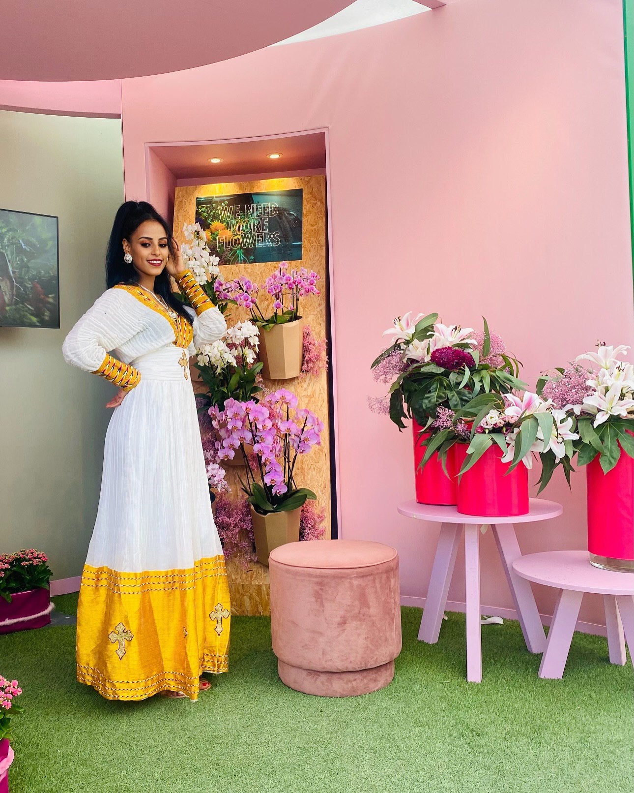 Yellow Woven Habesha Dress V-Neckline Ethiopian Dress Traditional Habesha Kemis Style 505