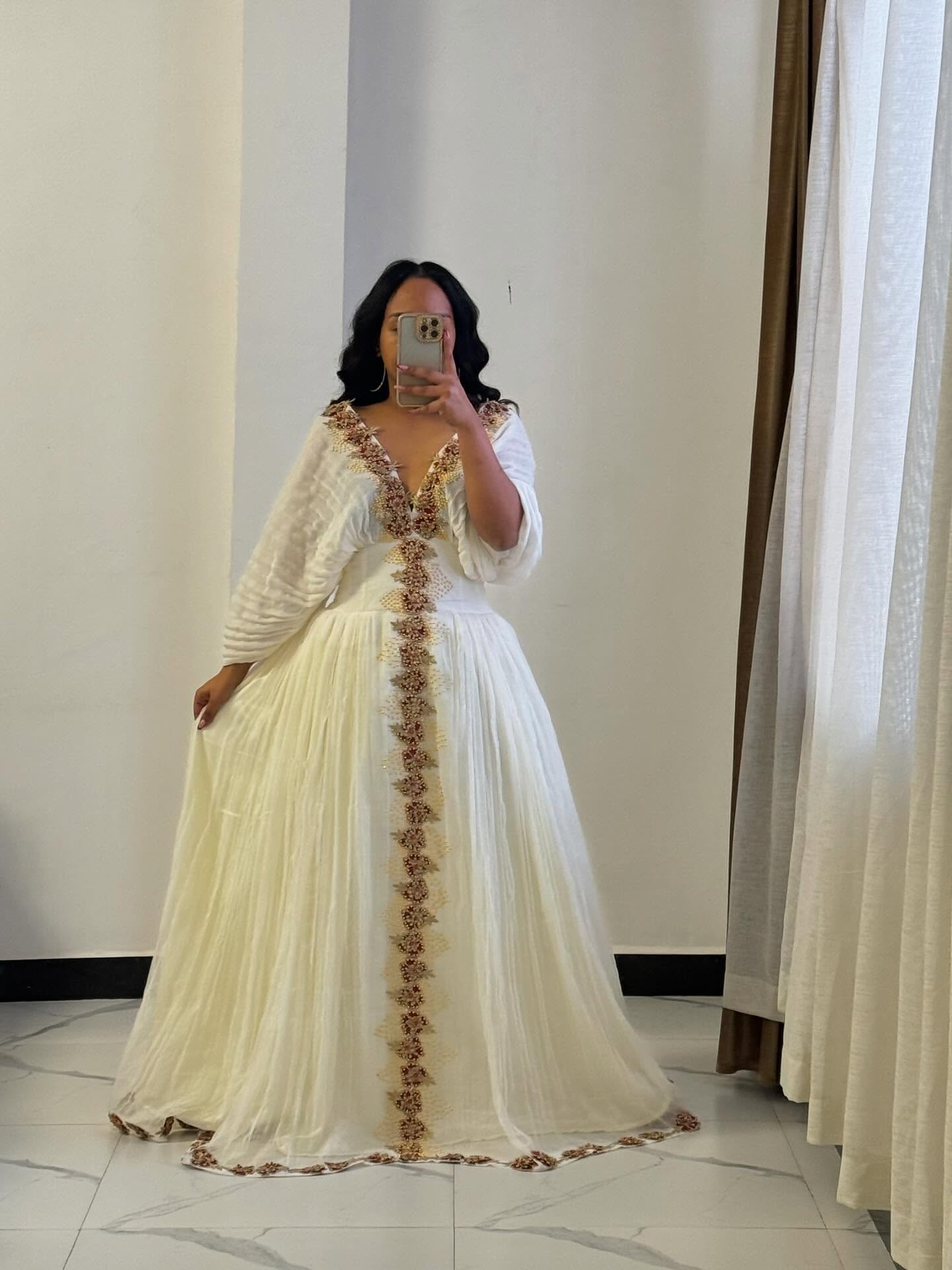 White Habesha Kemis with Golden Embroidery Traditional Ethiopian Dress Style Festive habesha Dress 523