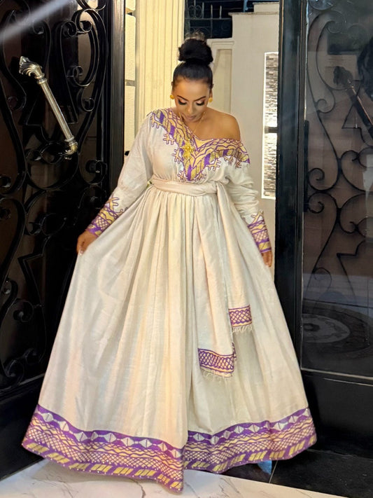 Purple Woven Habesha Kemis Ethiopian Traditional Dress Authentic Habesha Dress 532