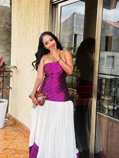 Robe Habesha Style en Violet Habesha Kemis pour les Célébrations Culturelles Vêtement Éthiopien Sans Bretelles 548