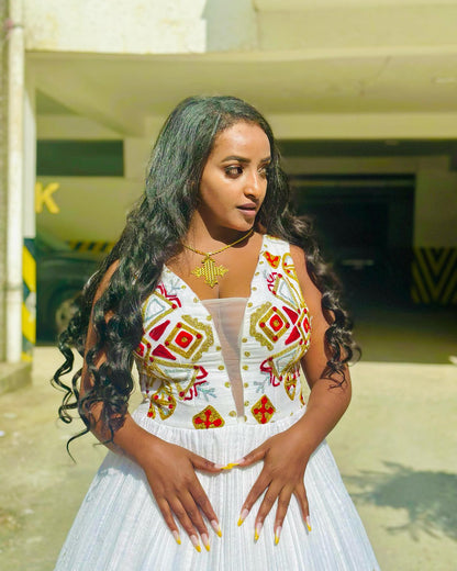 Sleeveless Habesha Kemis Red and Gold Cross Embroidery Habesha Dress Timeless Ethiopian Wedding Dress 551