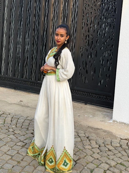 Green and Gold Habesha Kemis Ethiopian Traditional Dress Stylish Habesha Dress For Festive  589