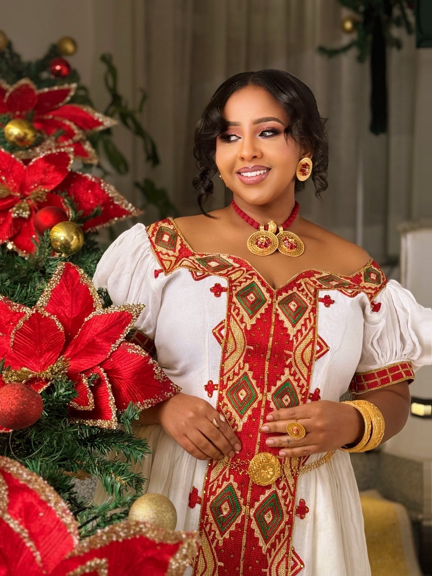 Red Embroidery Ethiopian Clothing Off-shoulder Habesha Kemis Graceful Habesha Dress 600