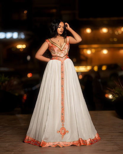 Sleeveless Habesha Dress Traditional Ethiopian Clothing For Wedding Orange Embroidery Habesha kemis 612