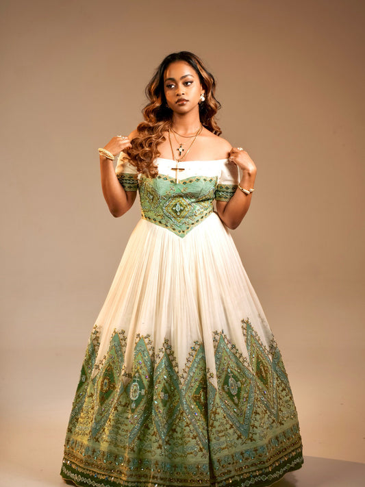 Green Embroidery Habesha Dress Off Shoulder Ethiopian Wedding Style