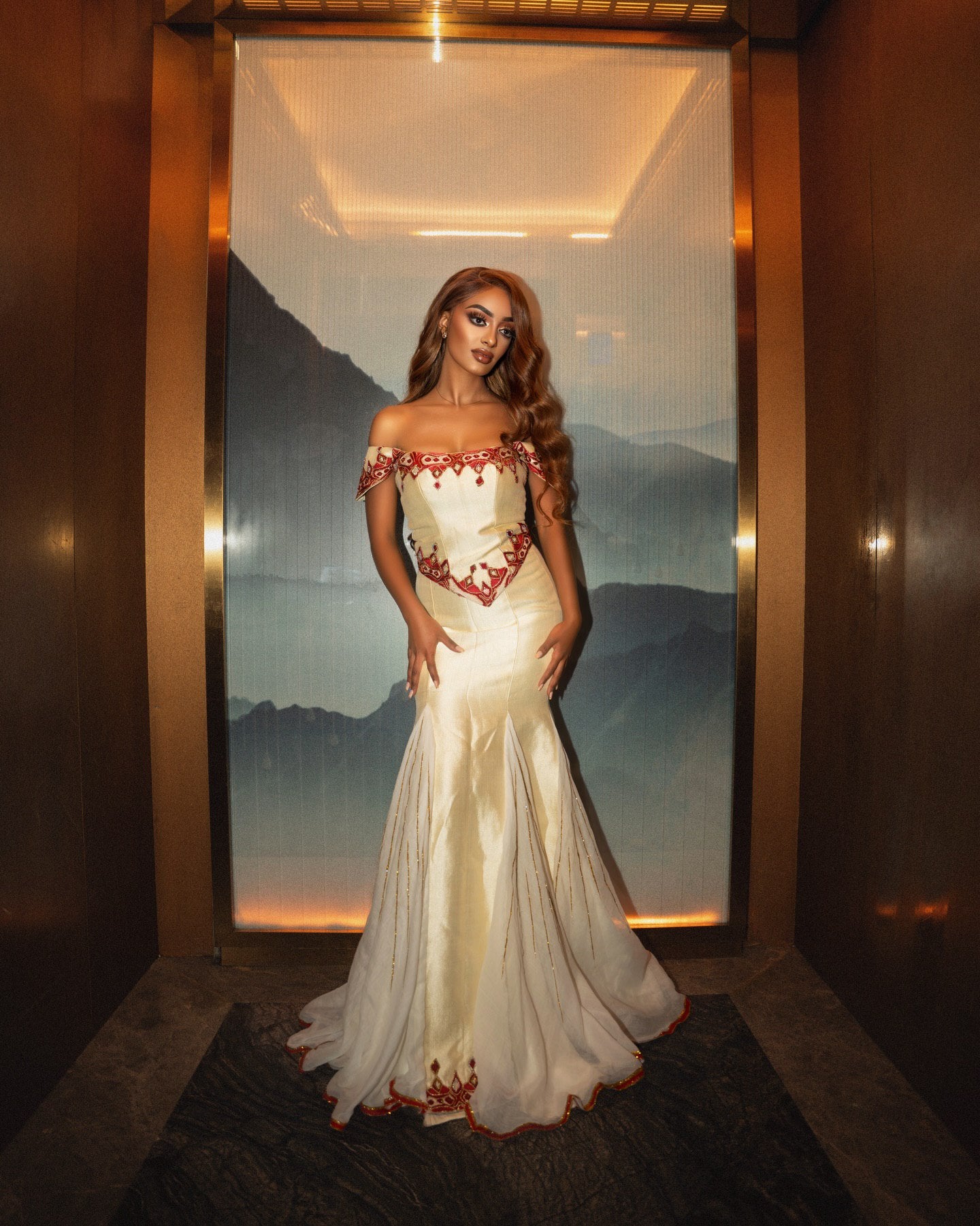 Off Shoulder Habesha Kemis Red Embroidery Ethiopian Wedding Dress