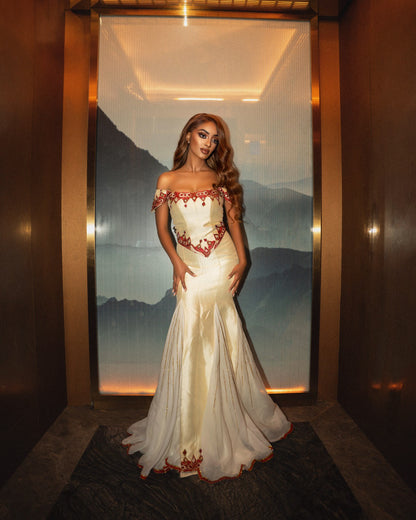 Off Shoulder Habesha Kemis Red Embroidery Ethiopian Wedding Dress