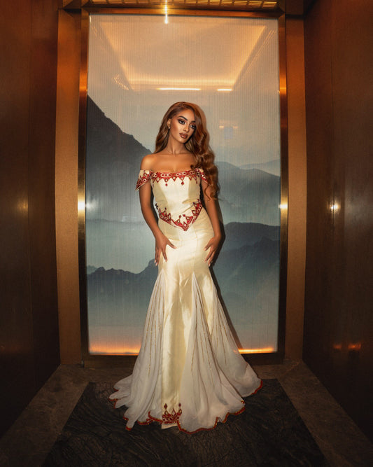 Off Shoulder Habesha Kemis Red Embroidery Ethiopian Wedding Dress