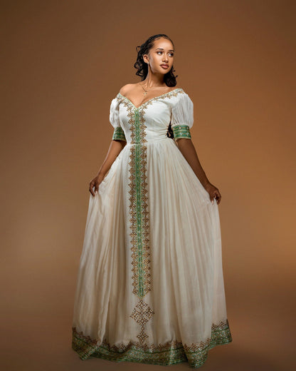 Green Embroidery Habesha Dress Off Shoulder Habesha Kemis Short Sleeve Ethiopian Clothing 635