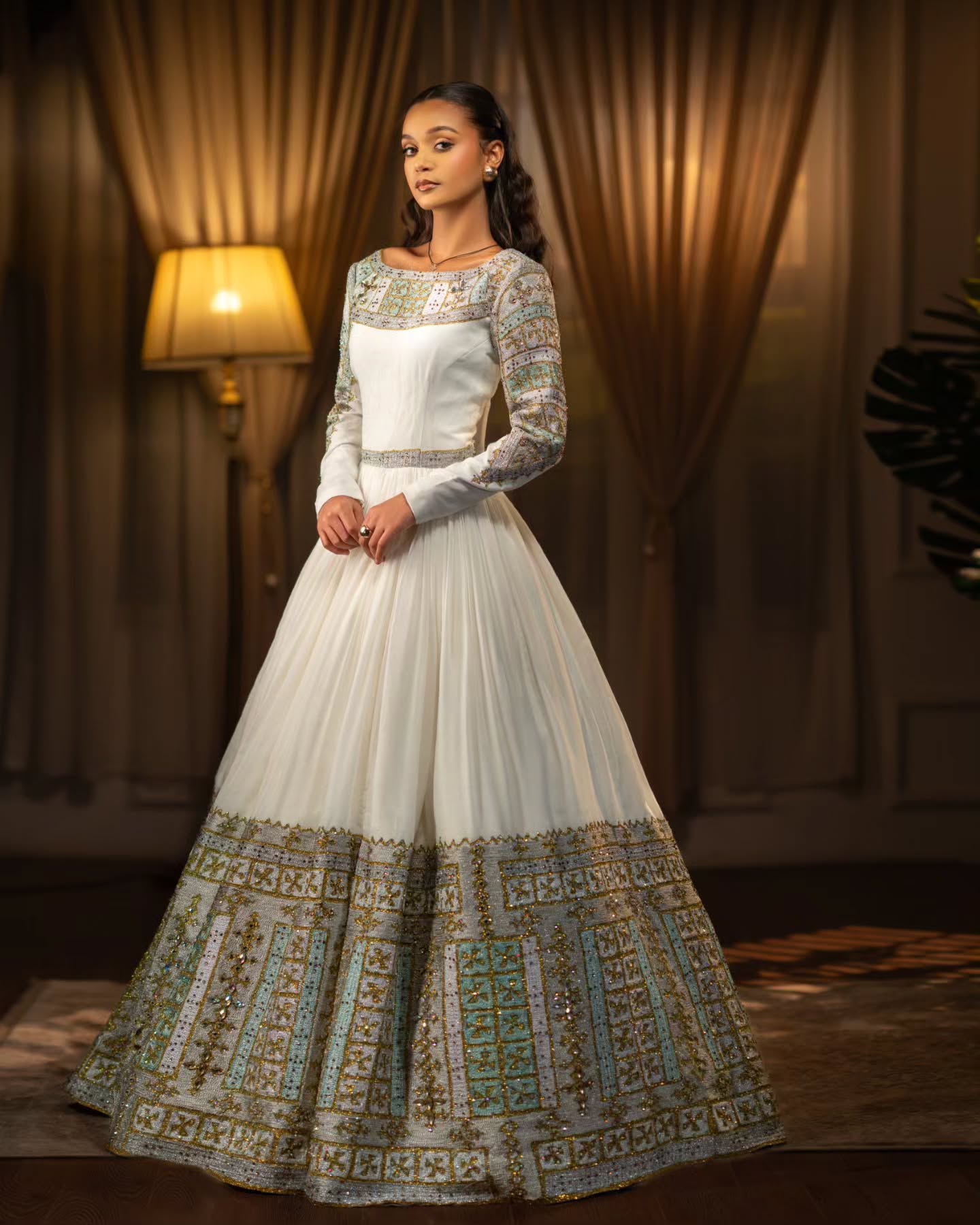 Long Sleeve Habesha Kemis Traditional Ethiopian Wedding Dress Gold And Mint Habesha Dress 643