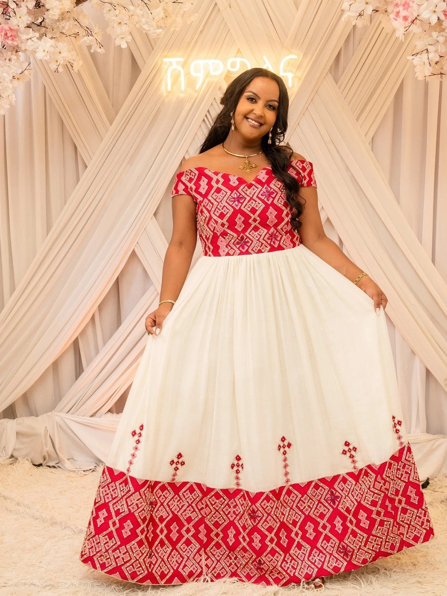 Off-Shoulder Habesha Dress Red Embroidery Ethiopian Wedding Dress Short Sleeve Habesha Kemis 658