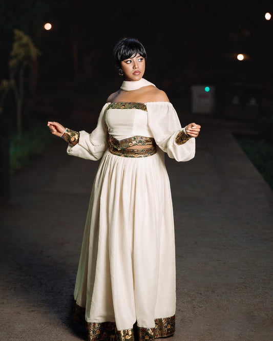 Off-Shoulder Habesha Dress Elegant Traditional Ethiopian Style