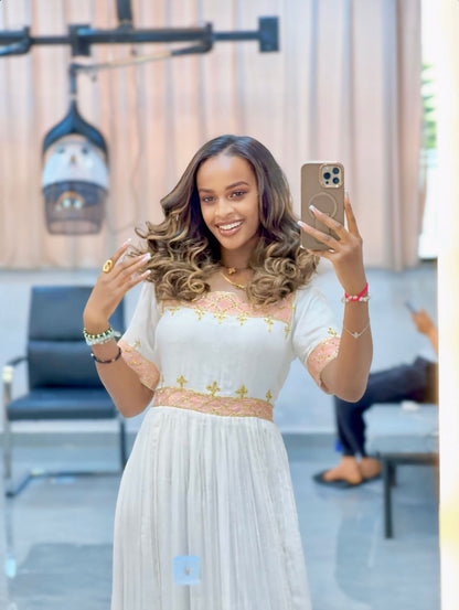 Pink Embroidery Habesha Kemis Short Sleeve Habesha Dress Traditional Ethiopian Dress For Festive 665