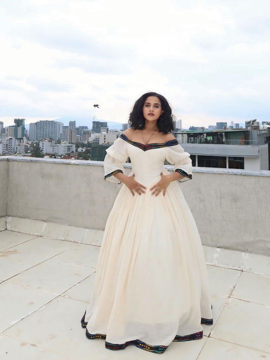 Off-Shoulder Habesha Dress with Multicolor Woven Design