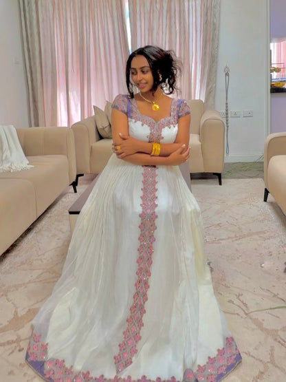 Elegant White Habesha Kemis Soft Pink Embroidery Habesha Dress Timeless Ethiopian Traditional Dress 699
