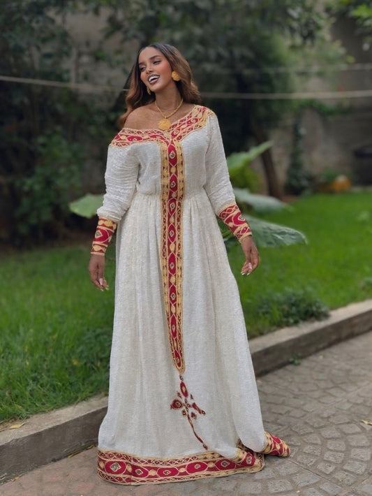 Red and Golden Habesha Kemis Long Sleeve Traditional Ethiopian Dress