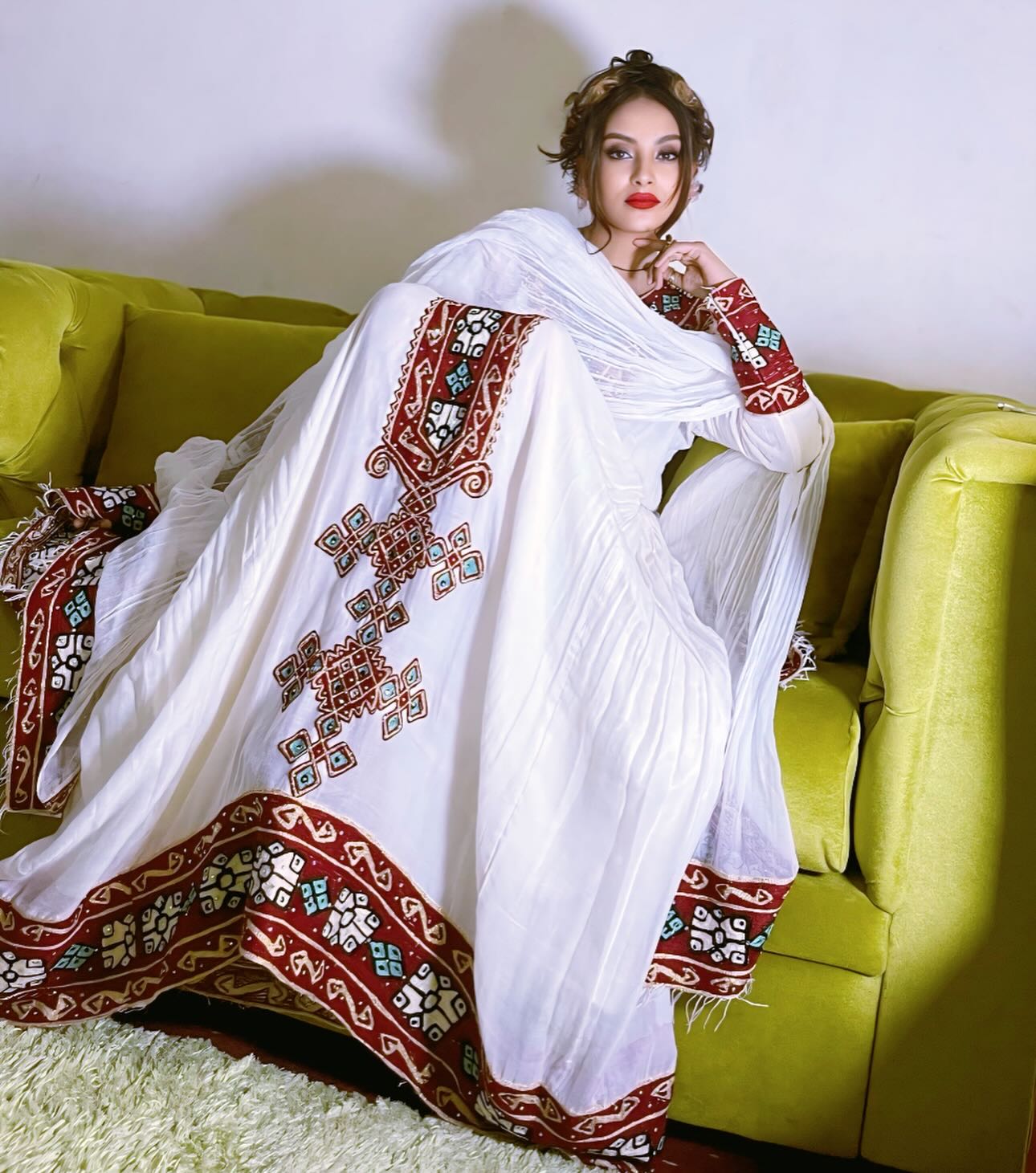 Ethiopian Traditional Dress Stylish Habesha Dress Red Embroidery And Long Sleeve Habesha Kemis 702