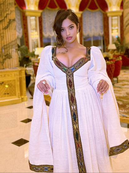 Puff Sleeve Habesha Dress with Embroidery Ethiopian Traditional Dress Stylish Habesha Kemis 708