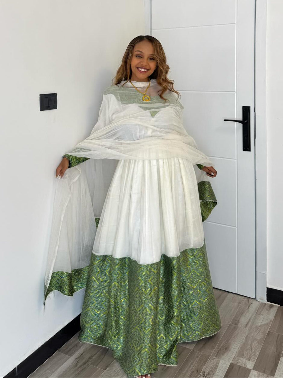 Green Woven Habesha Dress Handmade Long Sleeve Ethiopian Clothing Timeless Habesha Kemis 710
