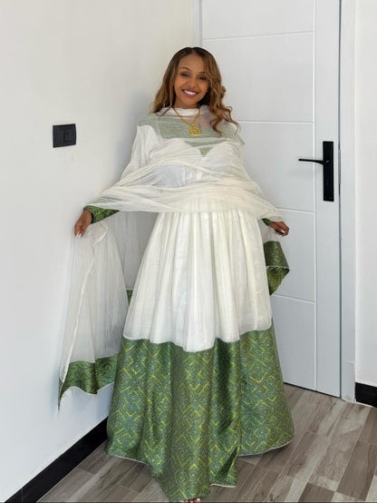 Green Woven Habesha Dress Handmade Long Sleeve Ethiopian Clothing Timeless Habesha Kemis 710
