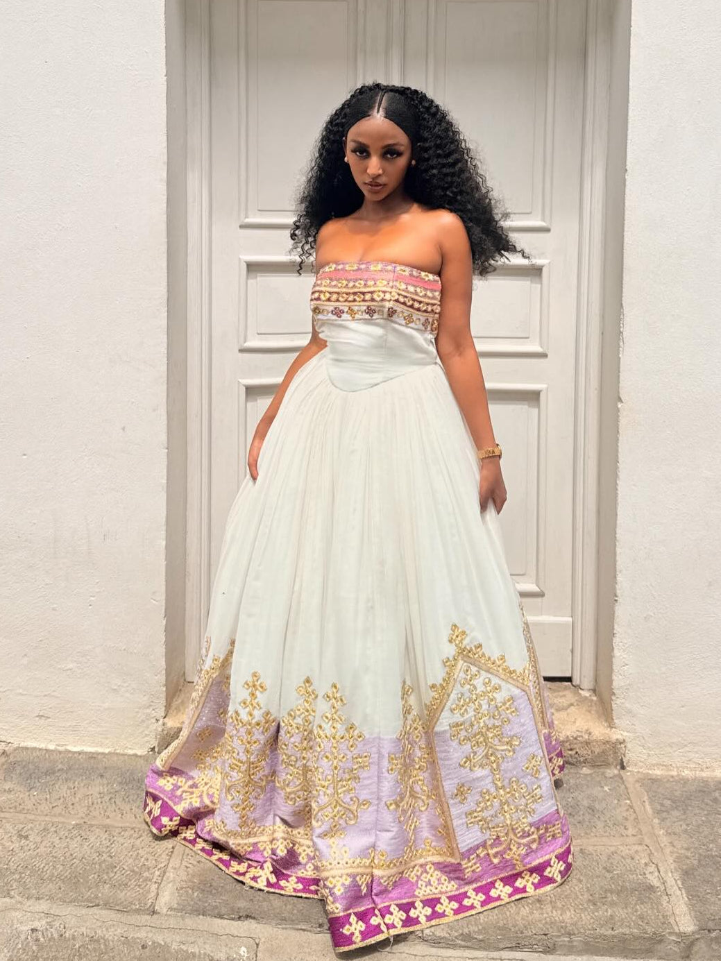 Charming Habesha Dress Strapless Pink Embroidery Habesha Kemis Ethiopian Traditional Wedding Dress 713