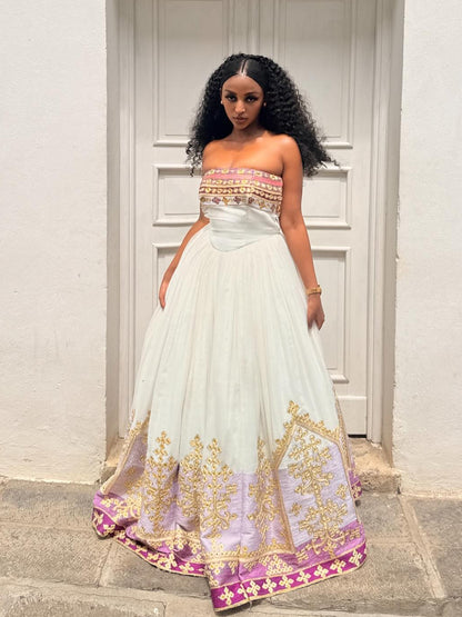 Charming Habesha Dress Strapless Pink Embroidery Habesha Kemis Ethiopian Traditional Wedding Dress 713
