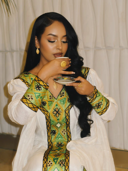 Golden And Green Embroidery Ethiopian Clothing Long Sleeve Habesha Kemis Festive Habesha Dress 716