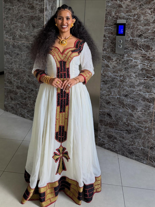 Golden & Black Embroidery Habesha Kemis Beautiful Ethiopian Clothing