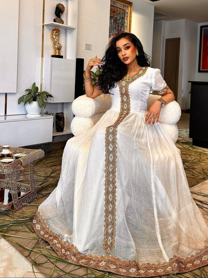 White Habesha Kemis Golden Embroidery Ethiopian Traditional Dress